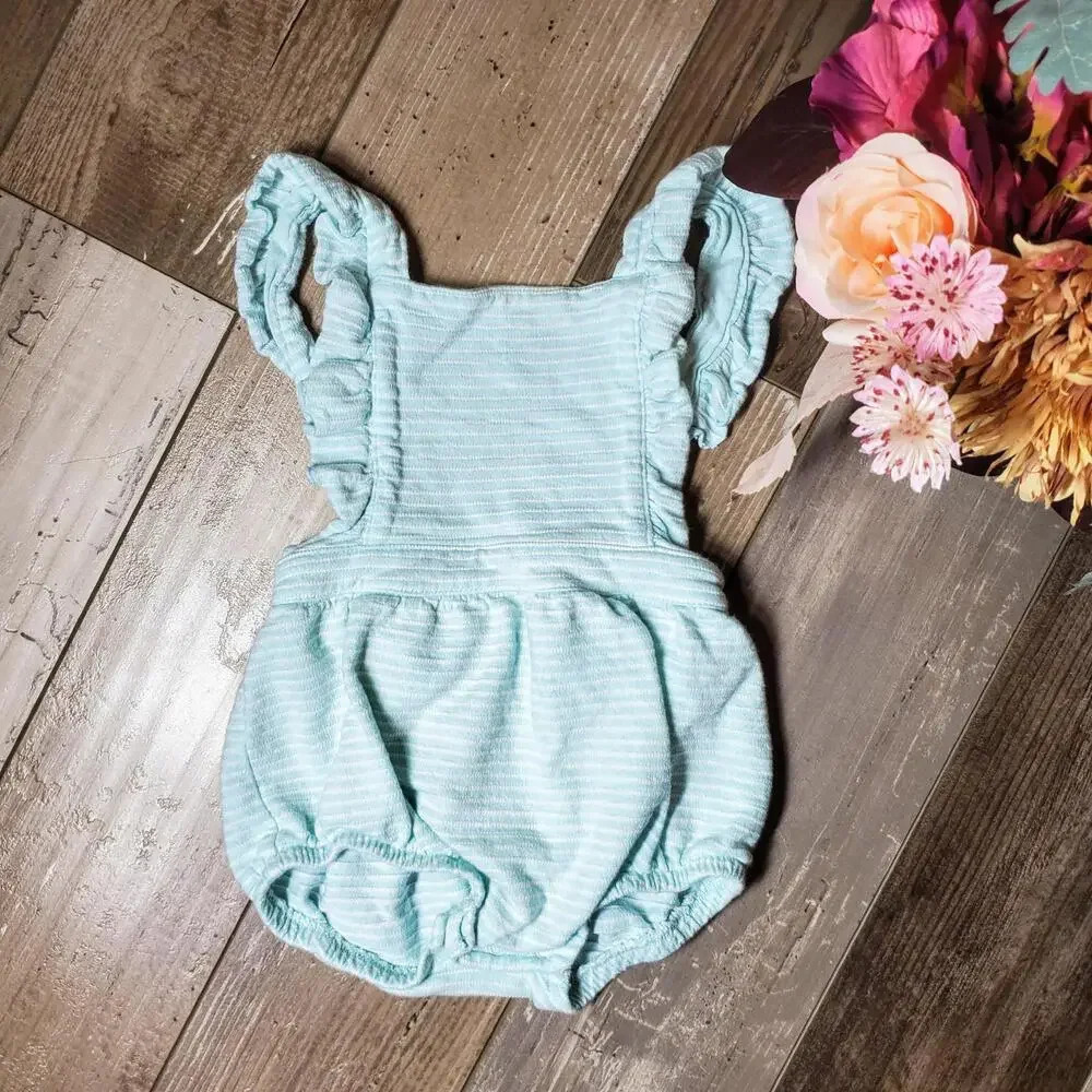 baby Cat & Jack Blue and White Striped Baby Girl Knit Ruffle Romper Size 6M-9M